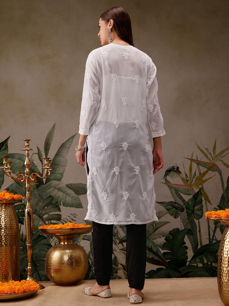 Ada Hand Embroidered Indian Chikankari Kurta Kurti Faux Georgette Tunic for Women XL95485_White - Image 2